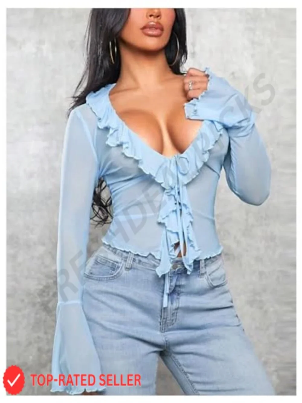 Long Bell Sleeve Shrug Bolero See Through Ruffle Trim Mesh Lightweight Plus - Picture 4 of 5